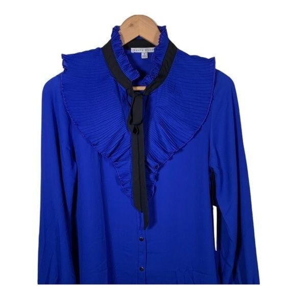 Haute Monde Blue Ruffle Long Sleeve Blouse Small Tie Neck - Picture 3 of 12